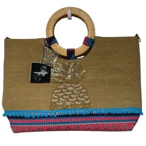 NWT America & Beyond Jute Tote Bag Beaded‎ Pineapple Cane Handles Beach Vacation
